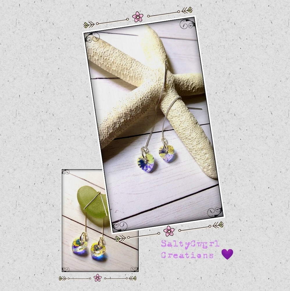 .925 STERLING THREADER EARRINGS w/ SWAROVSKI HEART